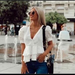 ZARA White VOLUMINOUS TEXTURED TOP Organza Ruffled Puff Sleeves Size XS